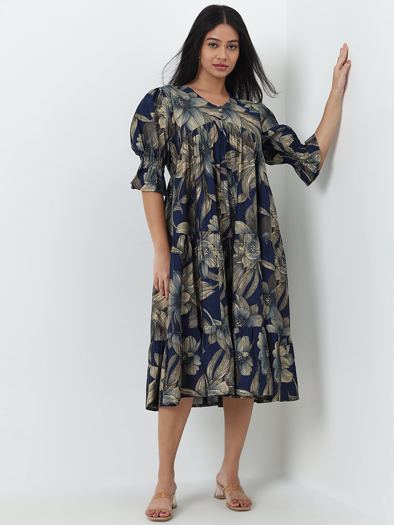 Diza Blue Floral Design A-Line Dress