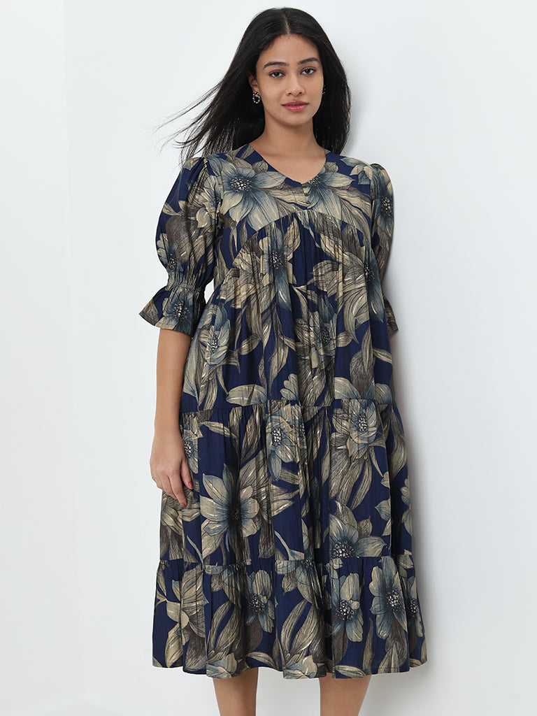 Diza Blue Floral Design A-Line Dress