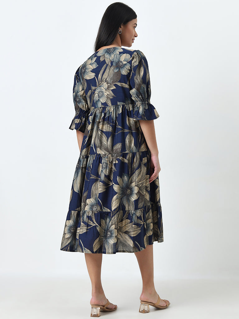 Diza Blue Floral Design A-Line Dress