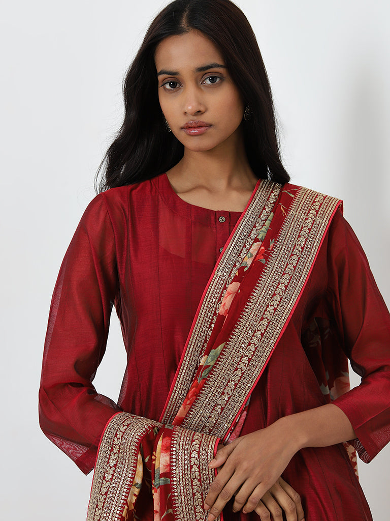 Vark Red Fit-and-Flare Kurta, Palazzos & Floral Dupatta Set