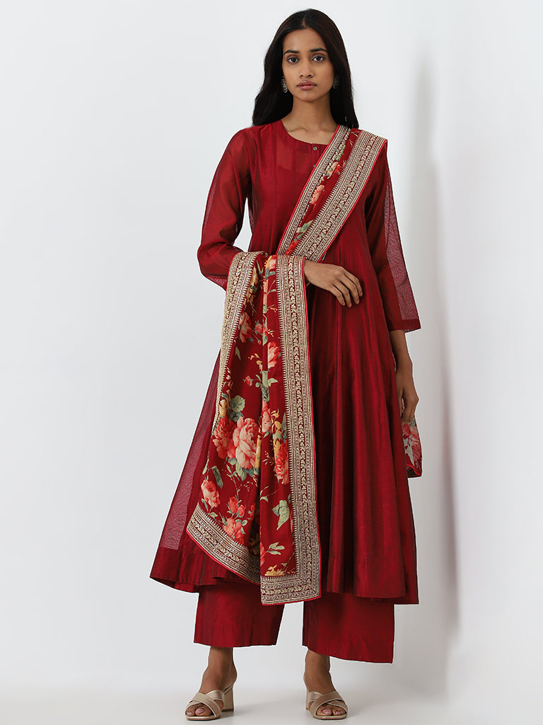 Vark Red Fit-and-Flare Kurta, Palazzos & Floral Dupatta Set