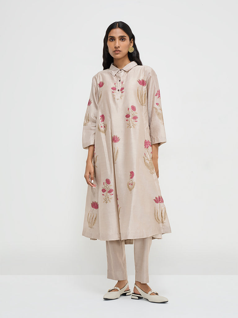 Zuba Beige Floral Printed Cotton-Blend A-Line Kurta with Inner