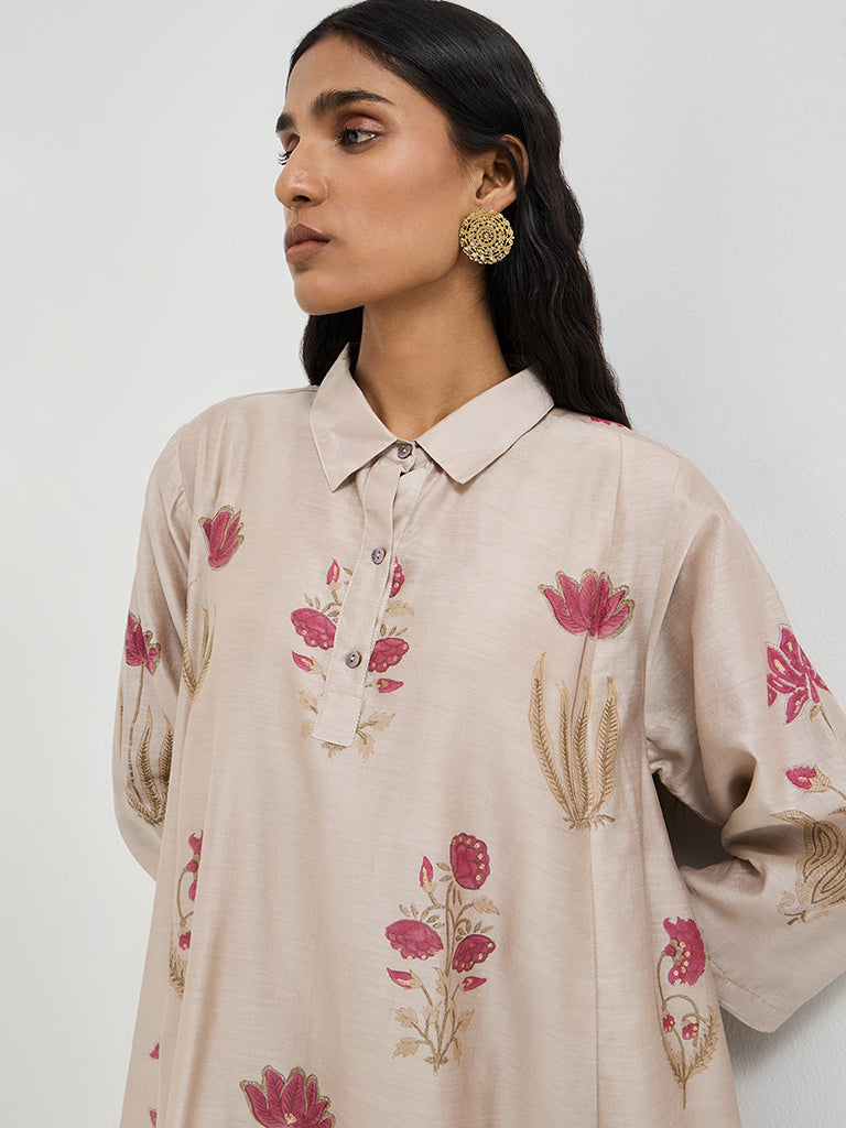 Zuba Beige Floral Printed Cotton-Blend A-Line Kurta with Inner