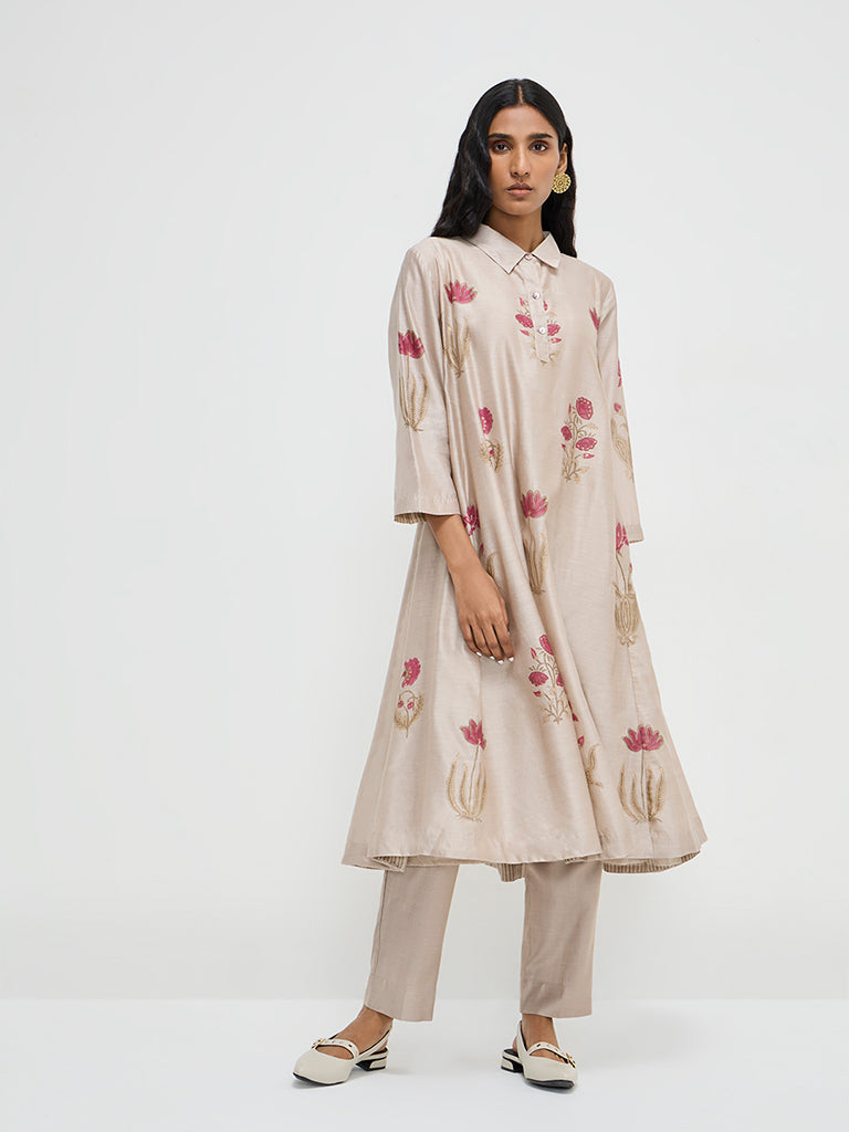 Zuba Beige Floral Printed Cotton-Blend A-Line Kurta with Inner