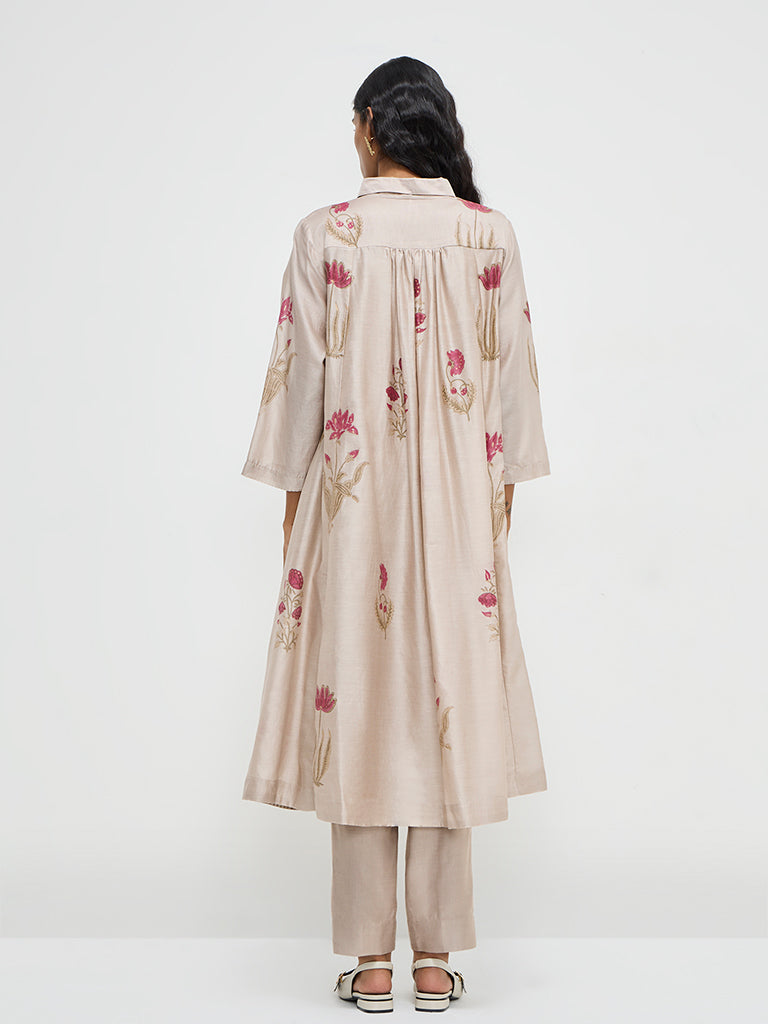 Zuba Beige Floral Printed A-Line Kurta with Inner