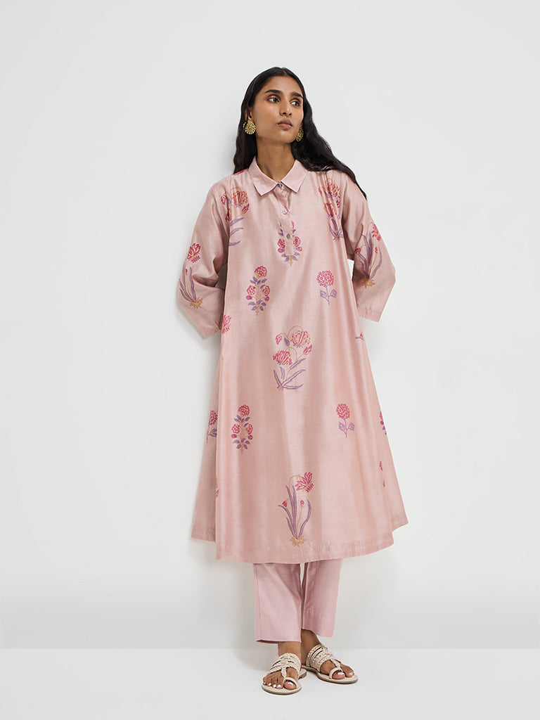 Zuba Dusty Pink Fit-and-Flare Cotton Kurta with Inner