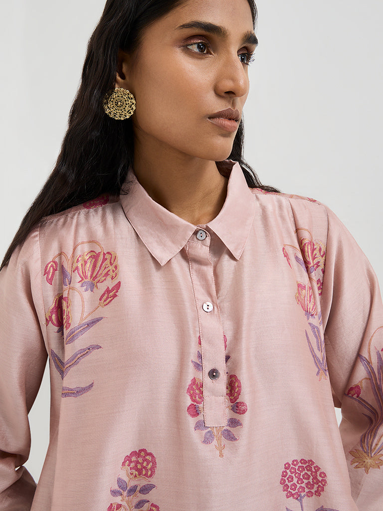 Zuba Dusty Pink Fit-and-Flare Cotton Kurta with Inner