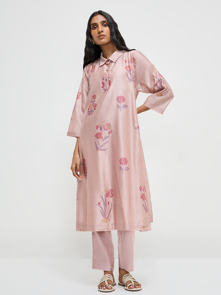 Zuba Dusty Pink Fit-and-Flare Cotton Kurta with Inner