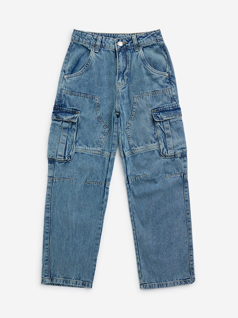 Y&F Kids Blue Straight - Fit High - Rise Cargo Jeans