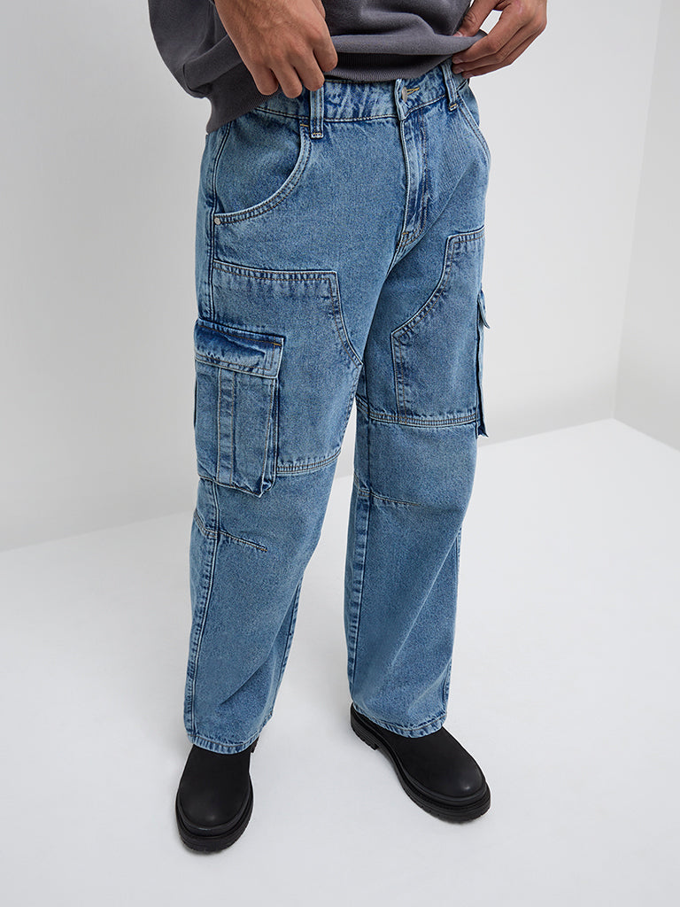 Y&F Kids Blue Straight - Fit High - Rise Cargo Jeans