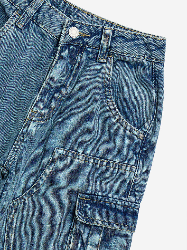 Y&F Kids Blue Straight - Fit High - Rise Cargo Jeans