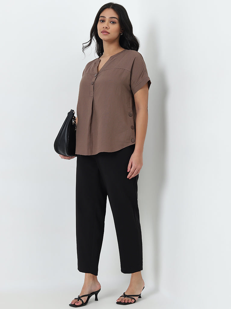 Gia Dark Brown Solid Blended Linen Blouse