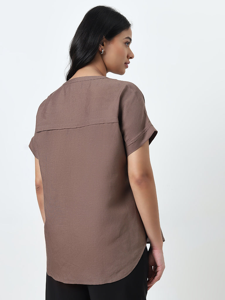 Gia Dark Brown Solid Blended Linen Blouse