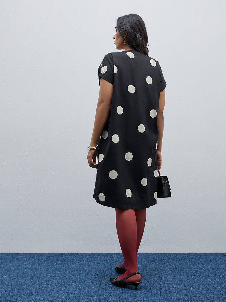 Gia Black Polka Dot Printed A-Line Cotton Dress