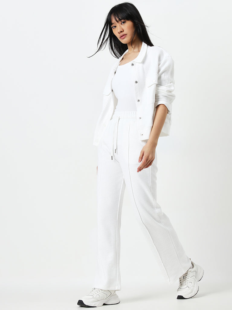 Studiofit White Waffle Texture High-Rise Cotton Track Pants