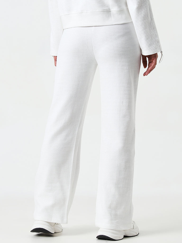 Studiofit White Waffle Texture High-Rise Cotton Track Pants