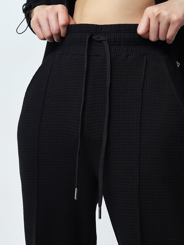 Studiofit Black Waffle Texture High-Rise Cotton Track Pants