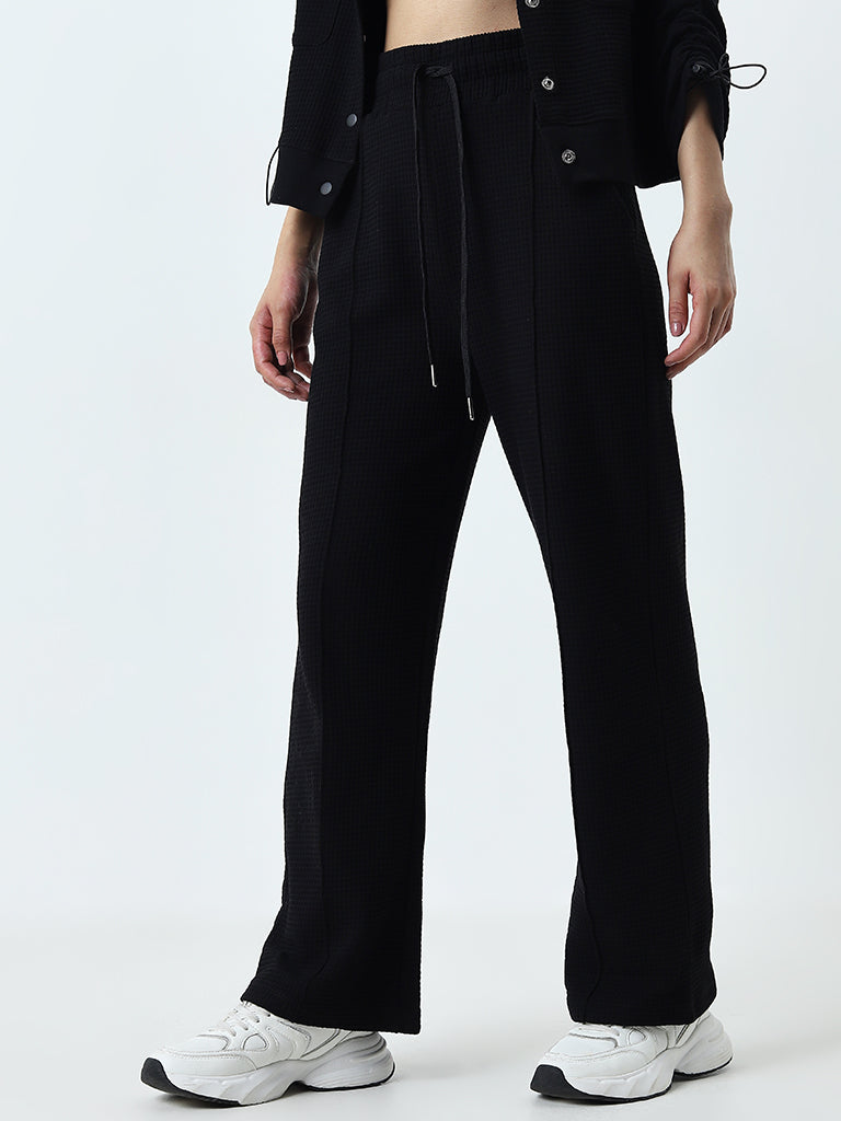 Studiofit Black Waffle Texture High-Rise Cotton Track Pants