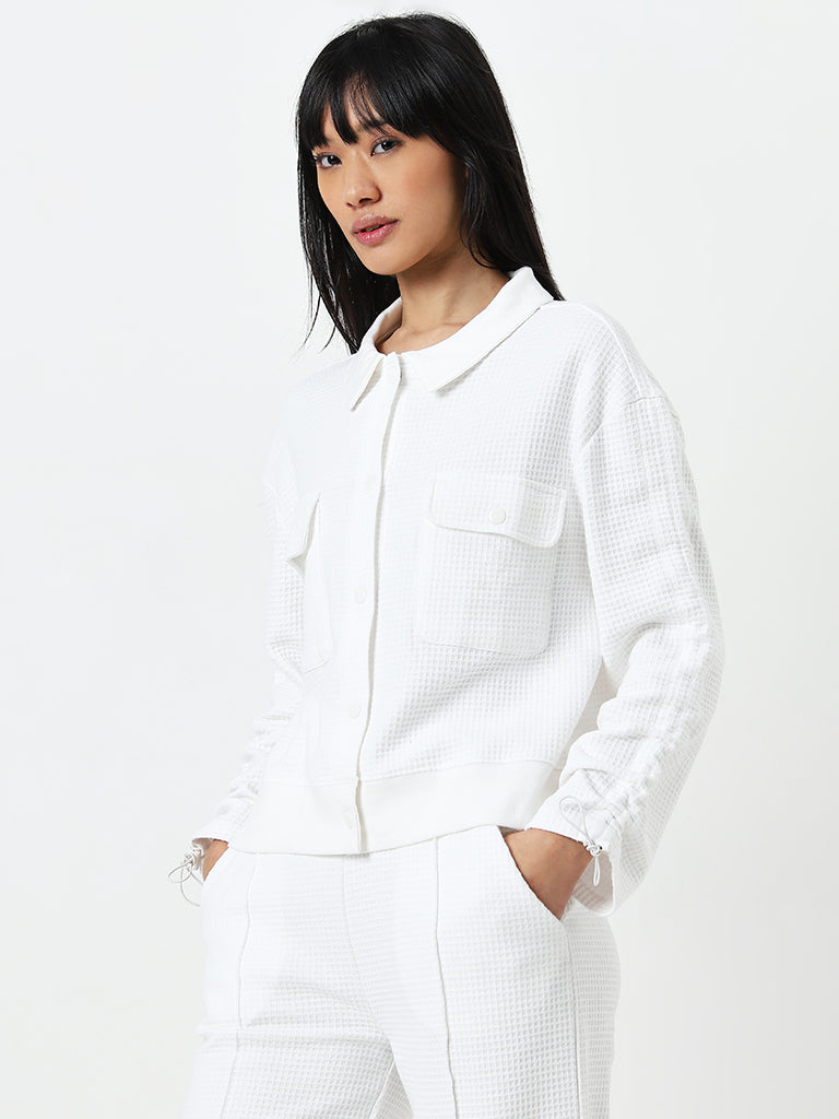 Studiofit White Waffle Textured Cotton Jacket