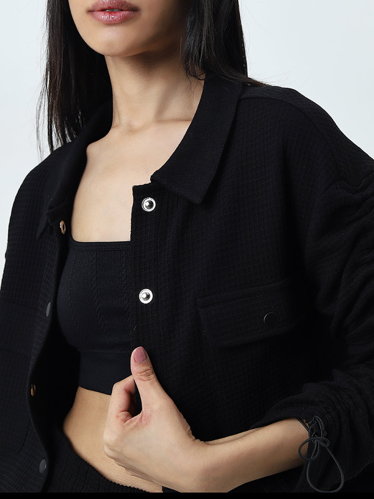 Studiofit Black Waffle Textured Cotton Jacket