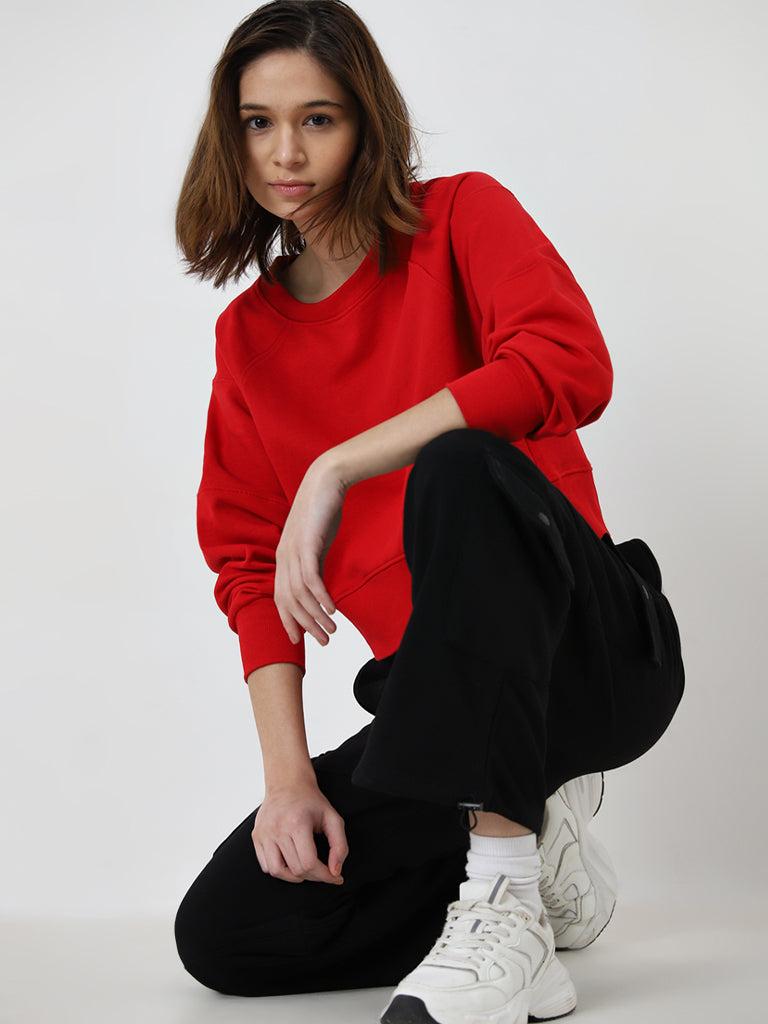 Studiofit Red Solid Cotton Sweatshirt