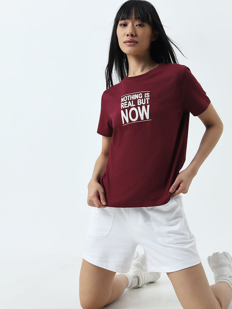 Studiofit Maroon Text Embroidered Cotton T-Shirt