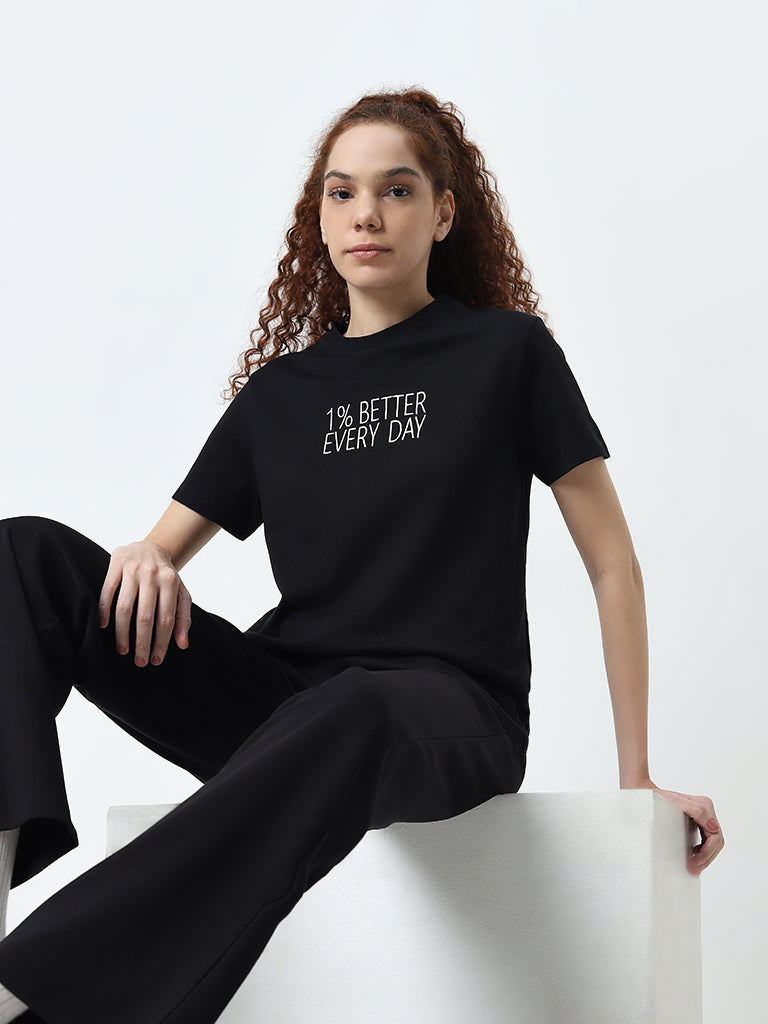 Studiofit Black Text Embroidered Cotton T-Shirt