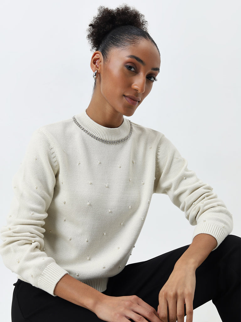 Wardrobe Off-White Embellished Cotton Sweater