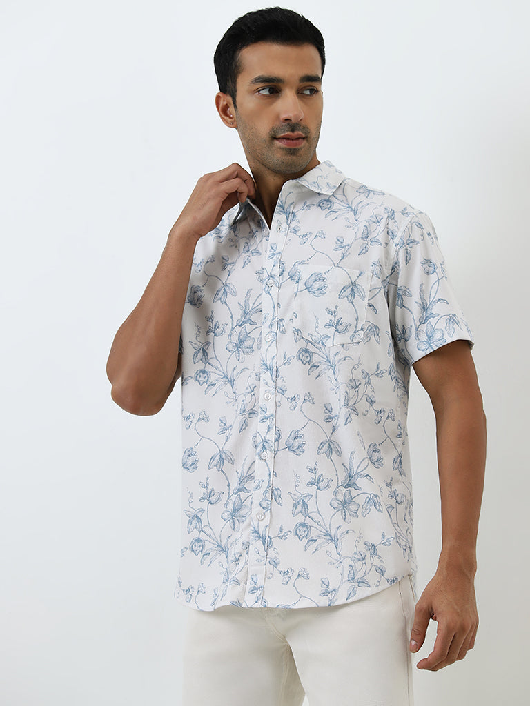 WES Casuals Light Blue Floral Relaxed-Fit Shirt