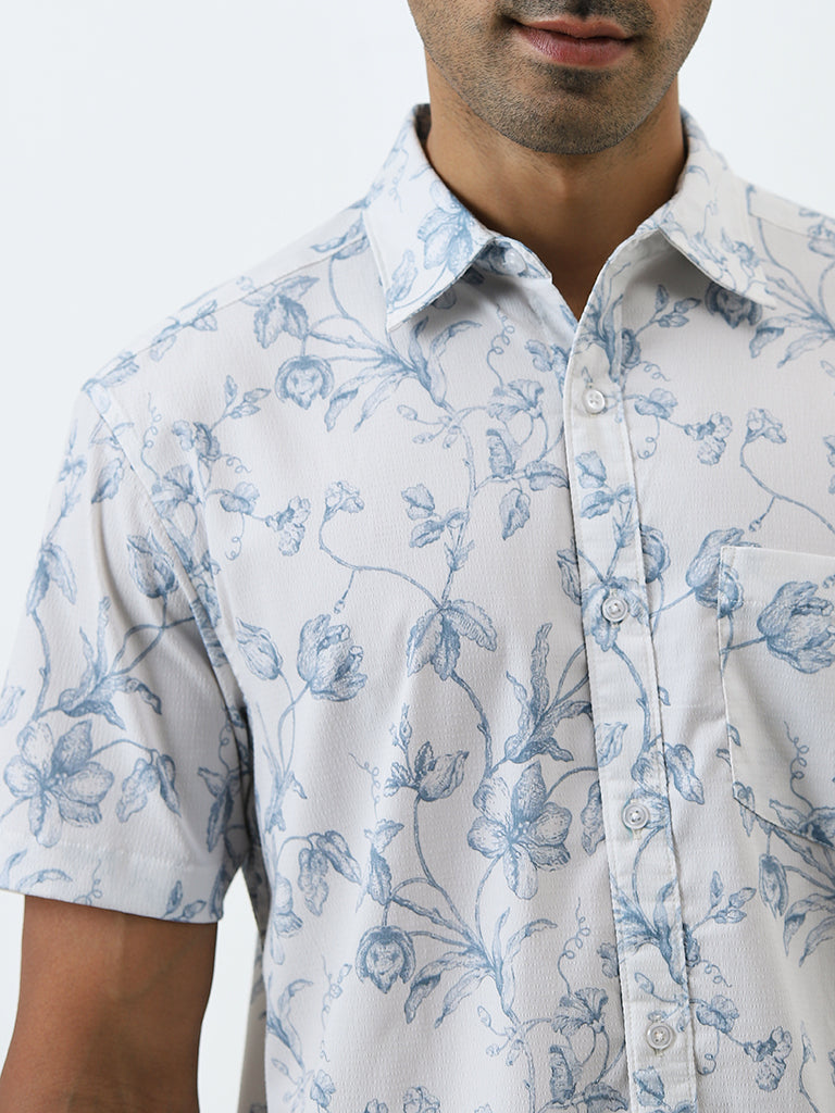 WES Casuals Light Blue Floral Relaxed-Fit Shirt