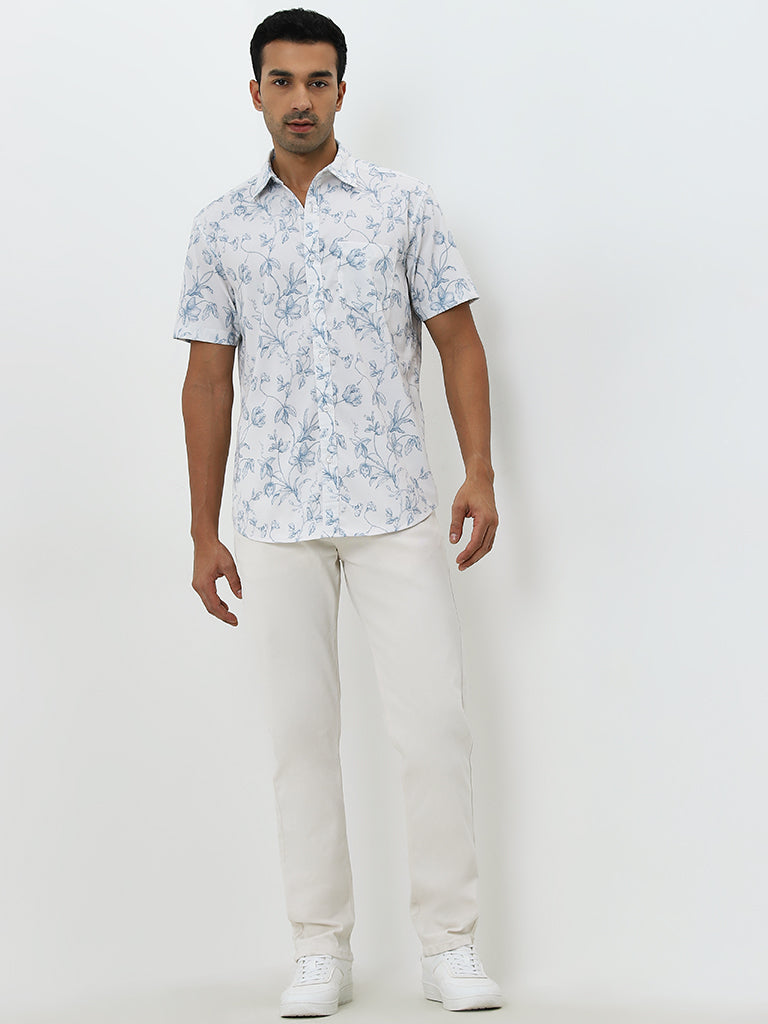 WES Casuals Light Blue Floral Relaxed-Fit Shirt