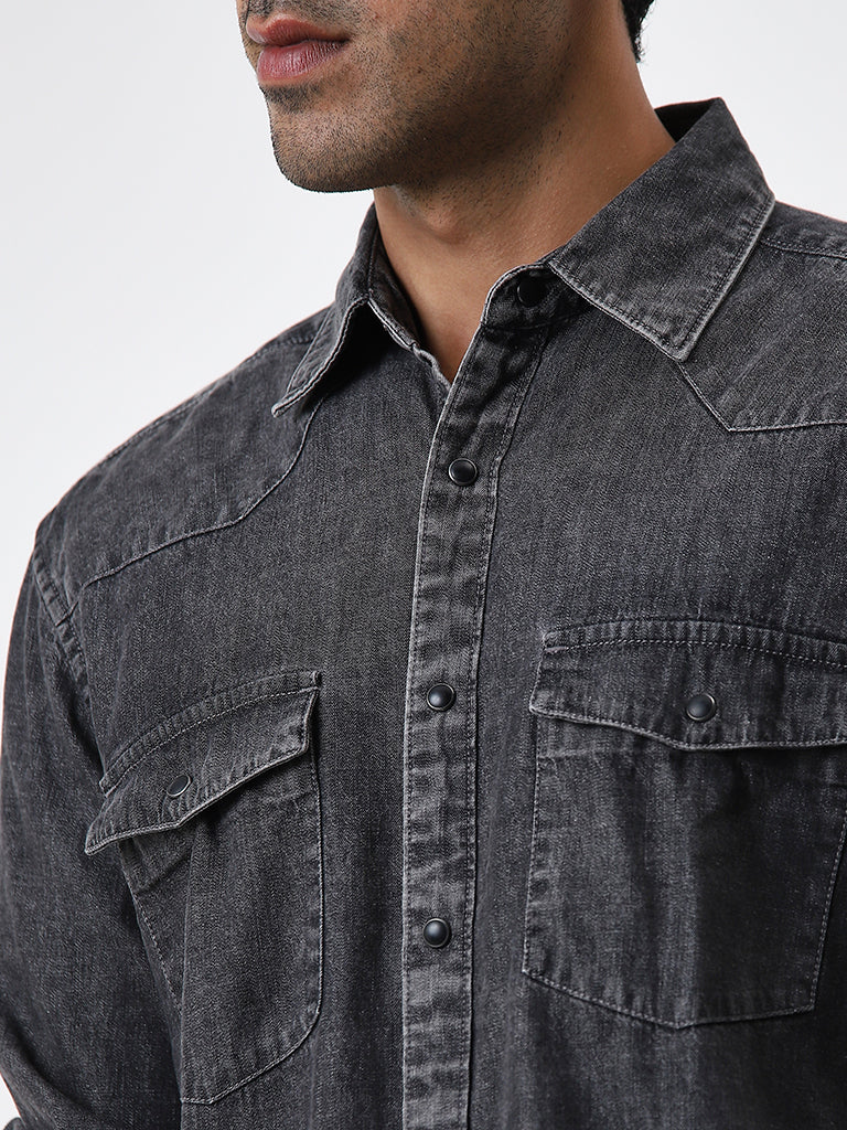 WES Casuals Charcoal Relaxed-Fit Denim Shirt