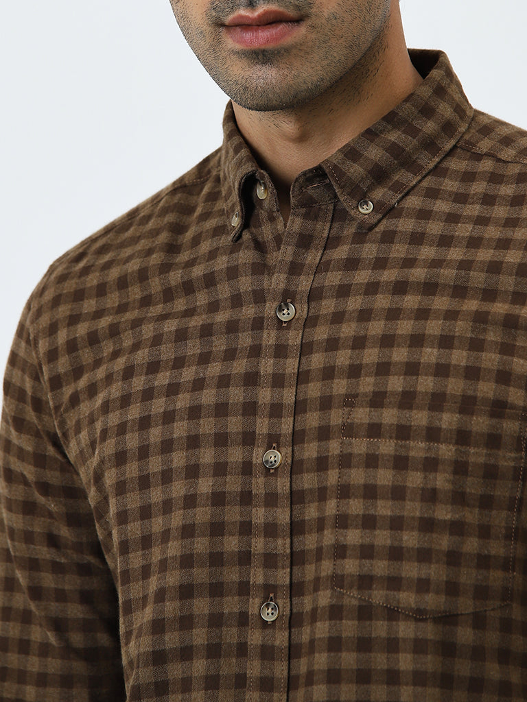 WES Casuals Brown Checkered Slim-Fit Shirt