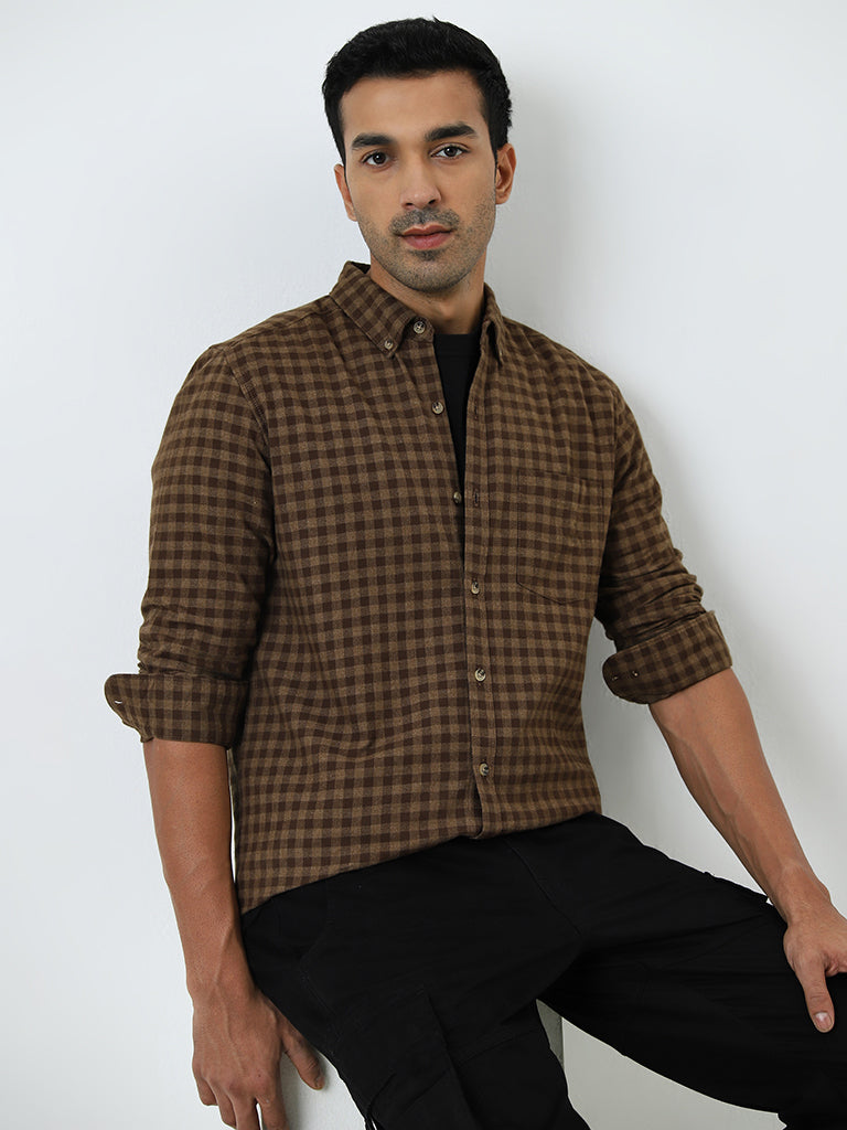 WES Casuals Brown Checkered Slim-Fit Shirt