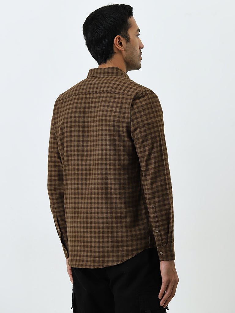 WES Casuals Brown Checkered Slim-Fit Shirt