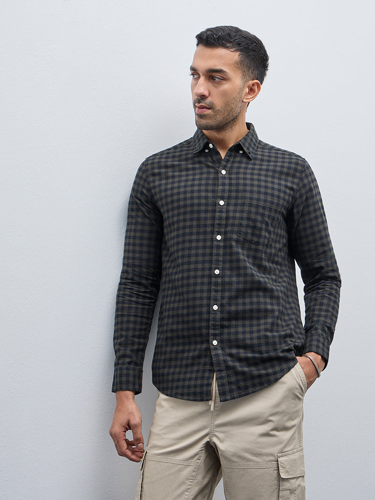 WES Casuals Olive Checkered Slim-Fit Cotton Shirt