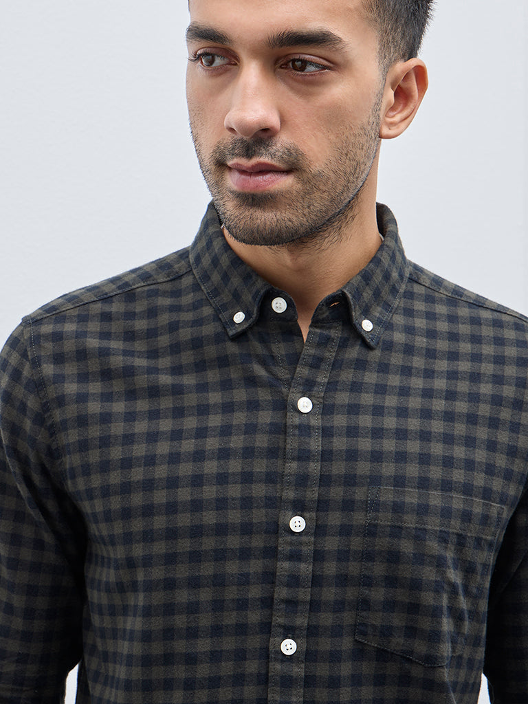 WES Casuals Olive Checkered Slim-Fit Cotton Shirt