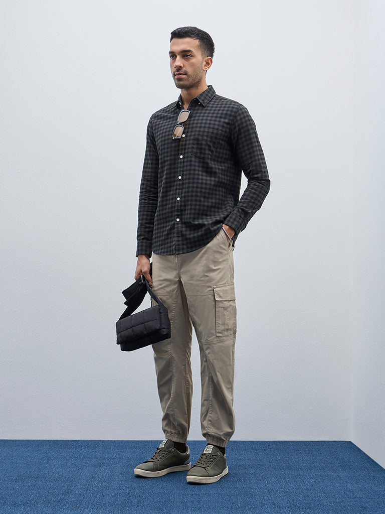 WES Casuals Olive Checkered Slim-Fit Cotton Shirt