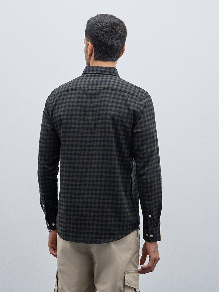 WES Casuals Olive Checkered Slim-Fit Cotton Shirt