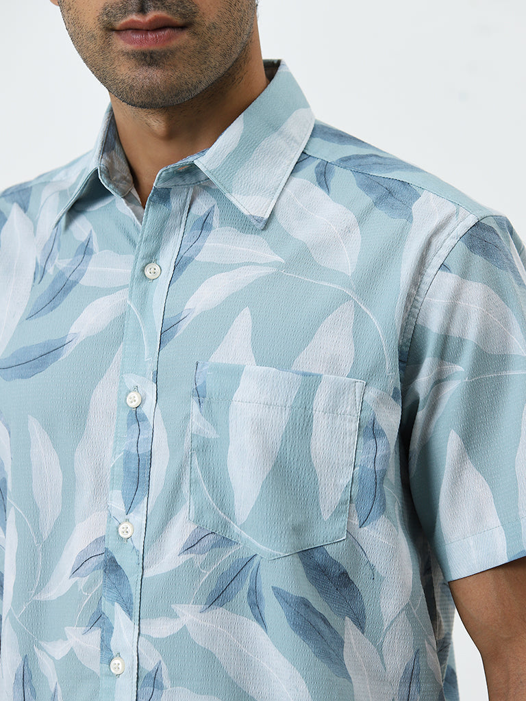 WES Casuals Teal Leaf Printed Relaxed-Fit Shirt