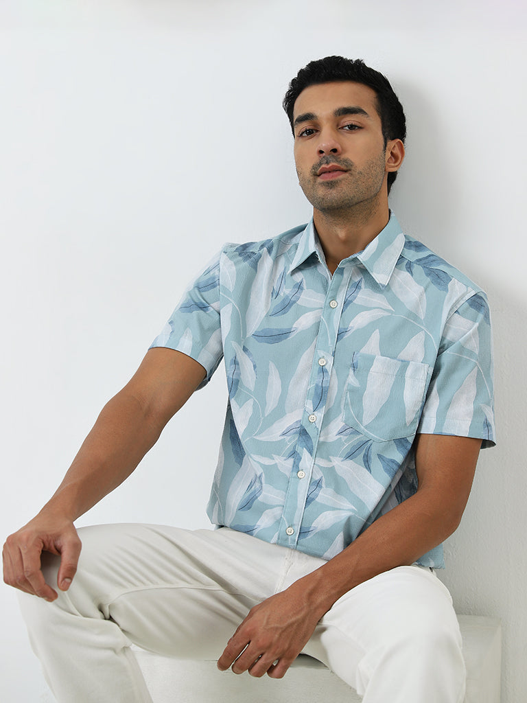 WES Casuals Teal Leaf Printed Relaxed-Fit Shirt