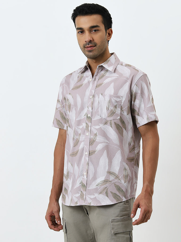 WES Casuals Dusty Pink Leaf Printed Relaxed-Fit Shirt