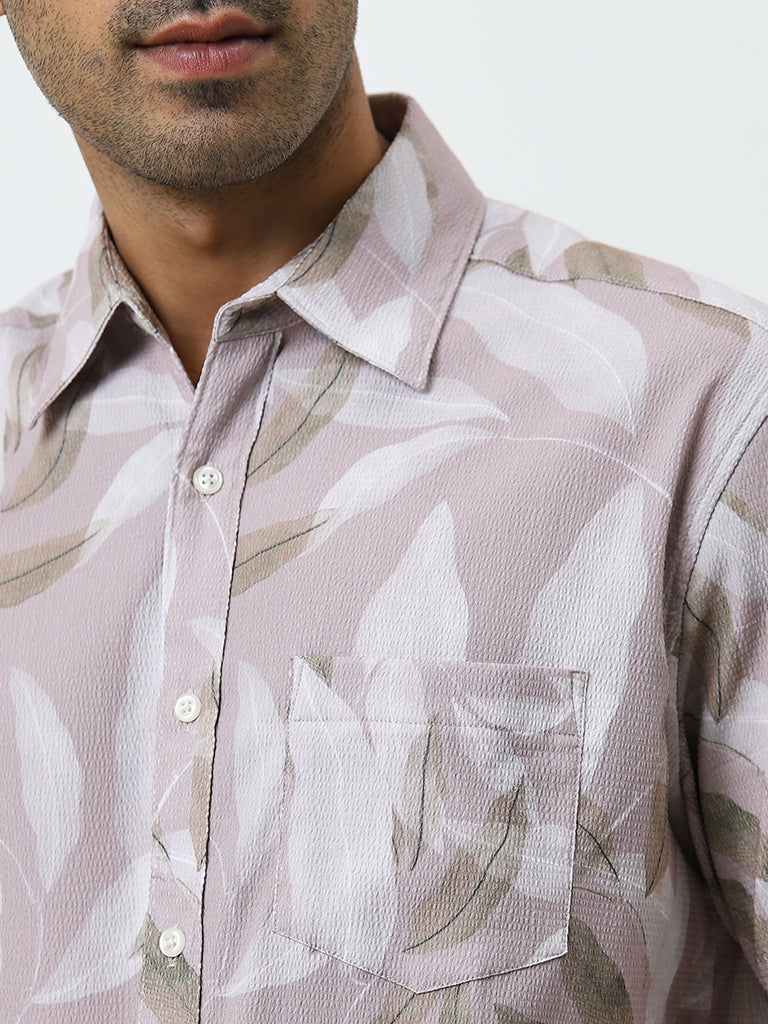 WES Casuals Dusty Pink Leaf Printed Relaxed-Fit Shirt