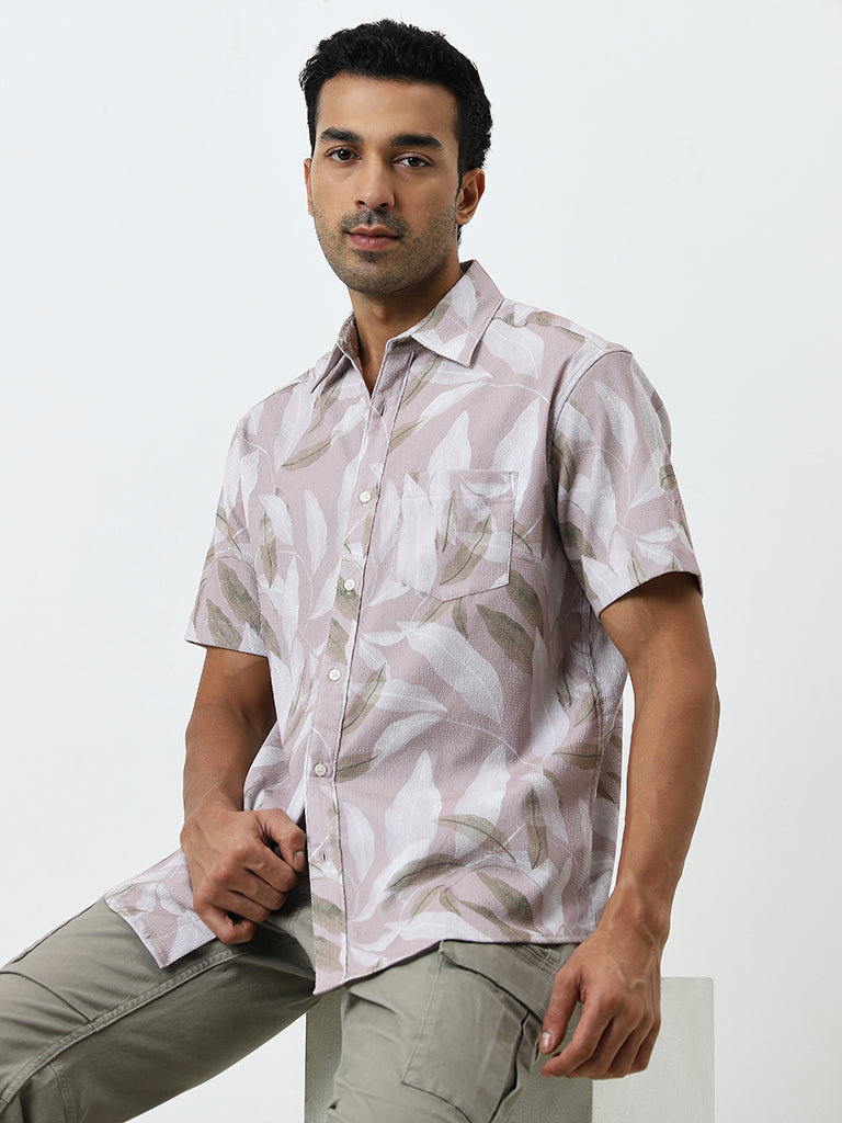 WES Casuals Dusty Pink Leaf Printed Relaxed-Fit Shirt