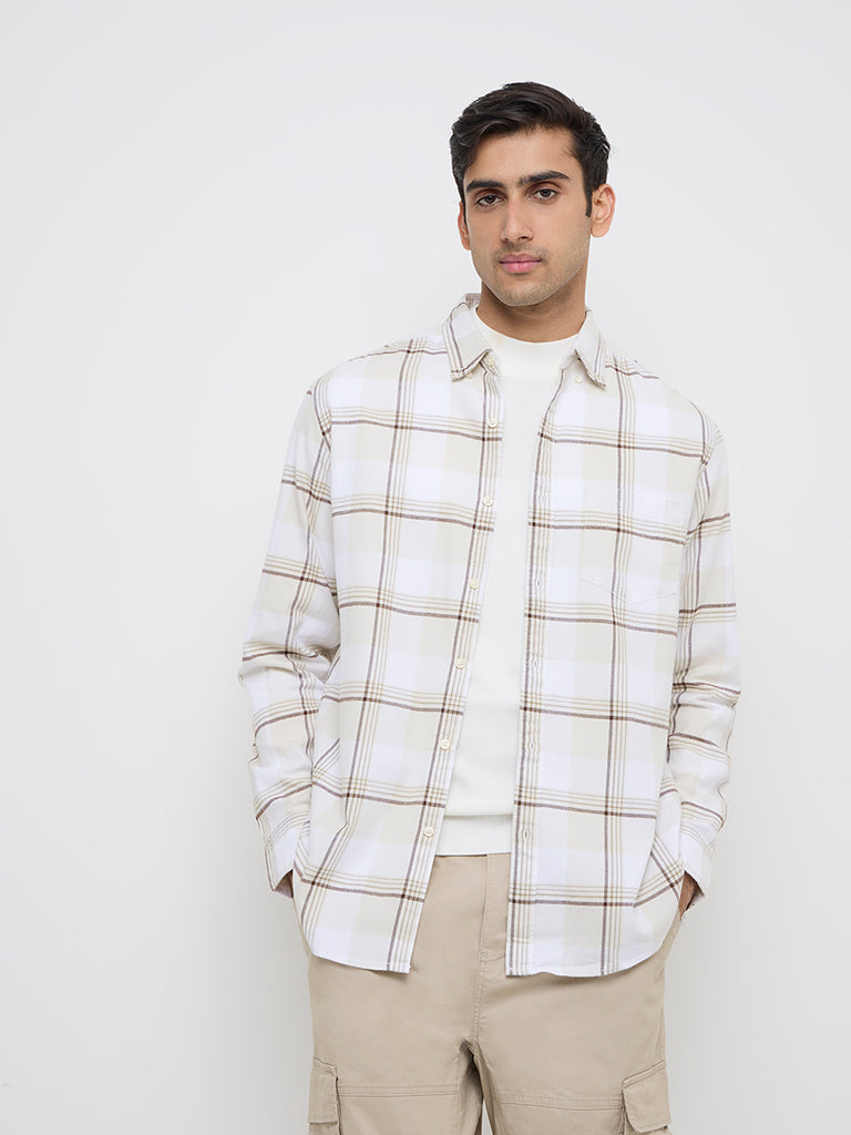 WES Casuals Beige Checkered Relaxed-Fit Cotton Shirt