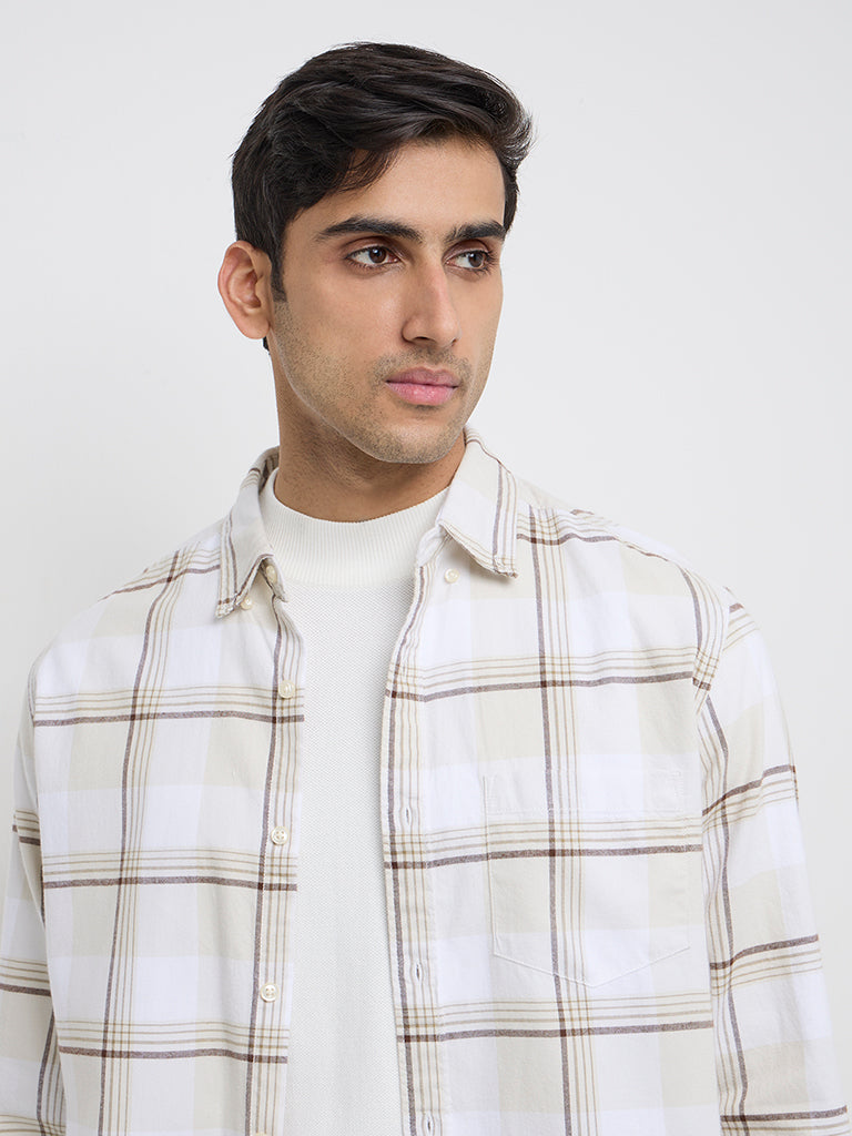 WES Casuals Beige Checkered Relaxed-Fit Cotton Shirt