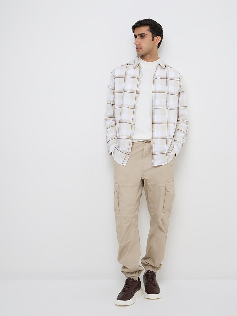 WES Casuals Beige Checkered Relaxed-Fit Cotton Shirt