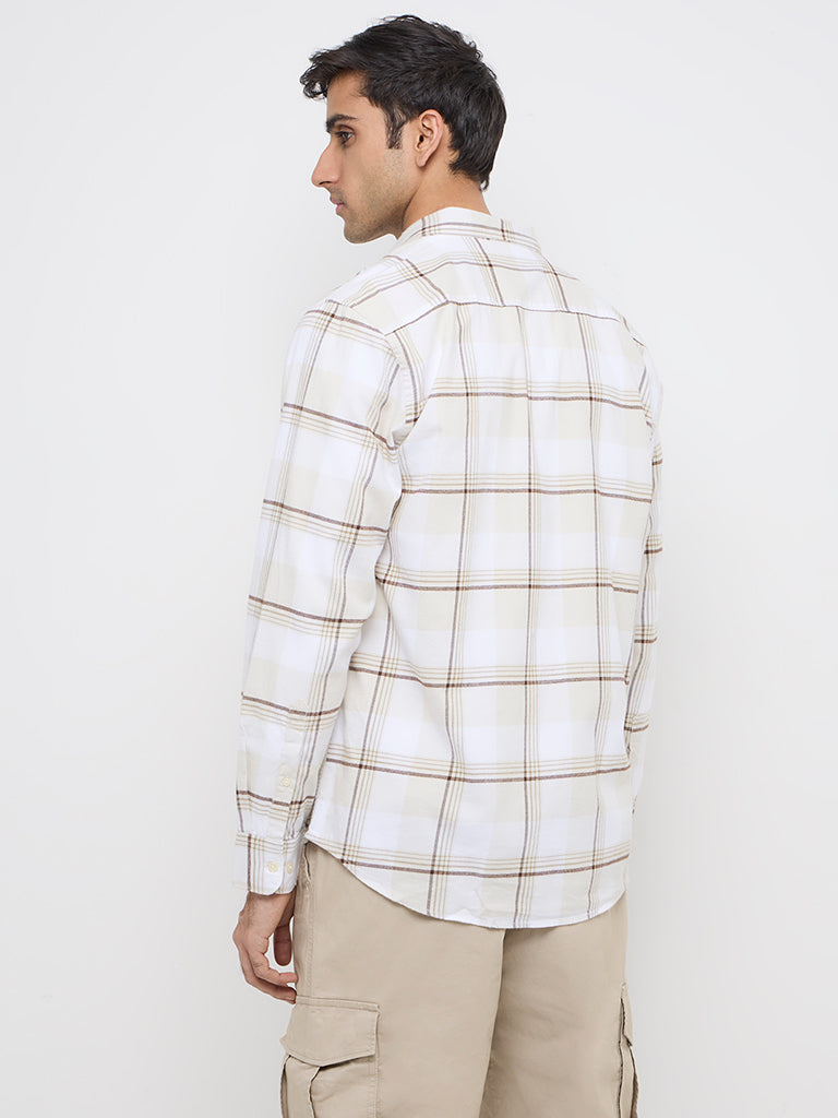 WES Casuals Beige Checkered Relaxed-Fit Cotton Shirt