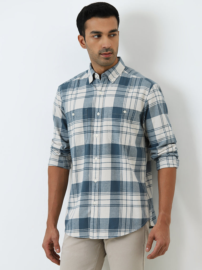 WES Casuals Teal Checkered Relaxed Cotton-Fit Shirt