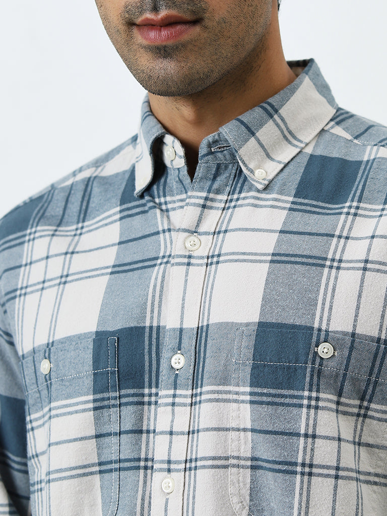 WES Casuals Teal Checkered Relaxed Cotton-Fit Shirt